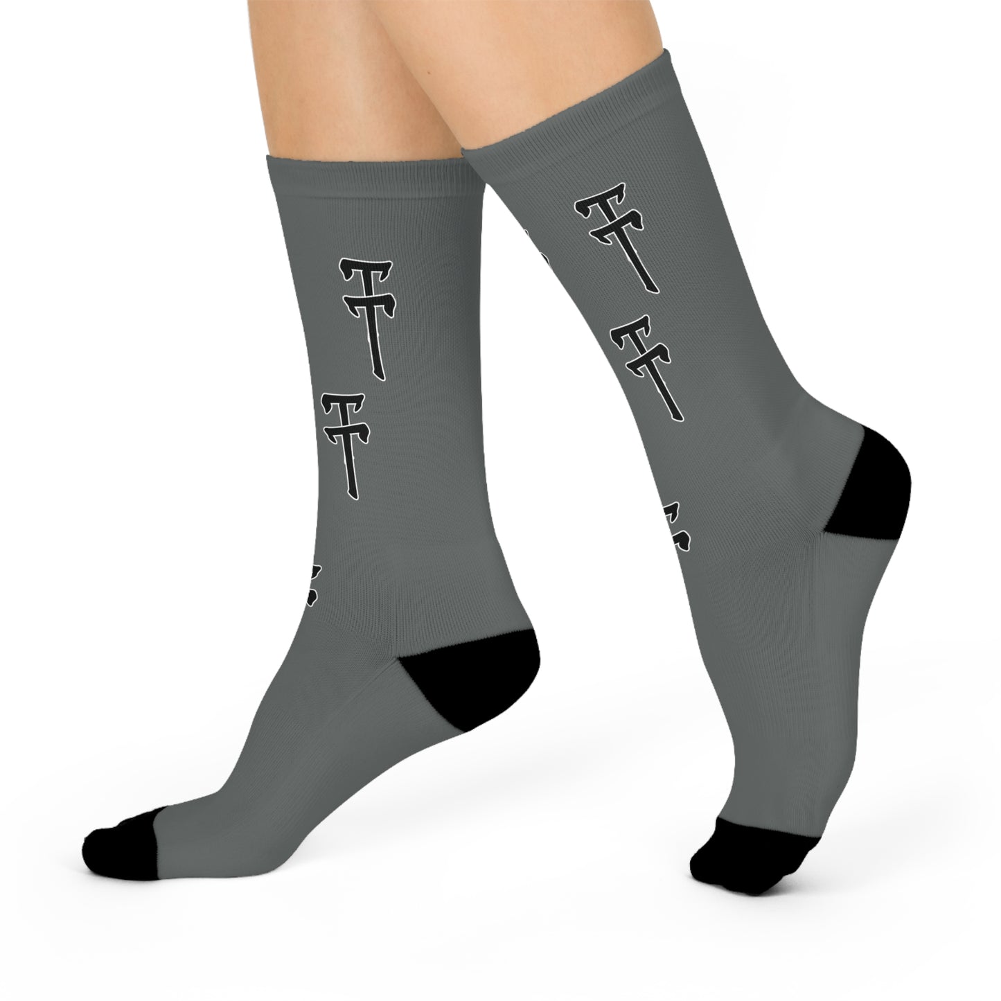 TrenchStepper Crew Socks — Grey Athletic Socks with Repeating Double 'T' Logo