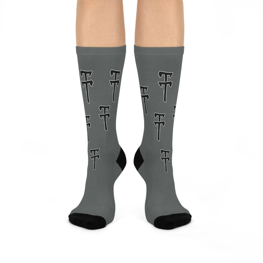TrenchStepper Crew Socks — Grey Athletic Socks with Repeating Double 'T' Logo